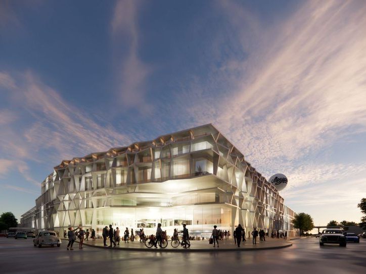 Visualisierung des neuen Messeparks Dornbirn: Die moderne Fassade mit großzügigen Glasflächen und markanter Struktur soll Offenheit, Urbanität und Zukunftsorientierung ausstrahlen.