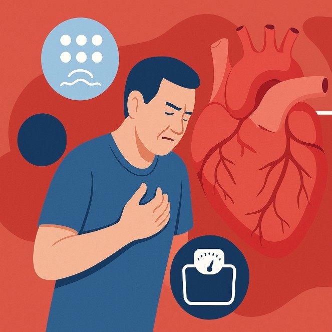 Ein Mann mit typischen Beschwerden bei Herzschwäche – darunter Atemnot, Erschöpfung und Wassereinlagerungen.