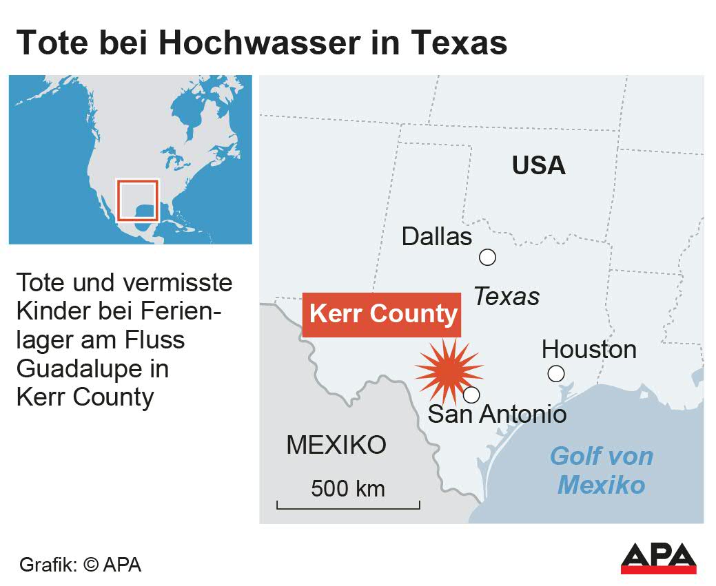 Lokalisierung der Hochwasser in Kerr County, Texas. Die Auslieferung der APA-Grafiken als Embed-Code ist ausschlie§lich Kunden mit einer gltigen Vereinbarung fr Grafik-Pauschalierung vorbehalten. Dabei inkludiert sind automatisierte Schrift- und Farbanpassungen an die jeweilige CI. Fr weitere Informationen wenden Sie sich bitte an unser Grafik-Team unter grafik@apa.at. GRAFIK 0920-25, 88 x 72 mm