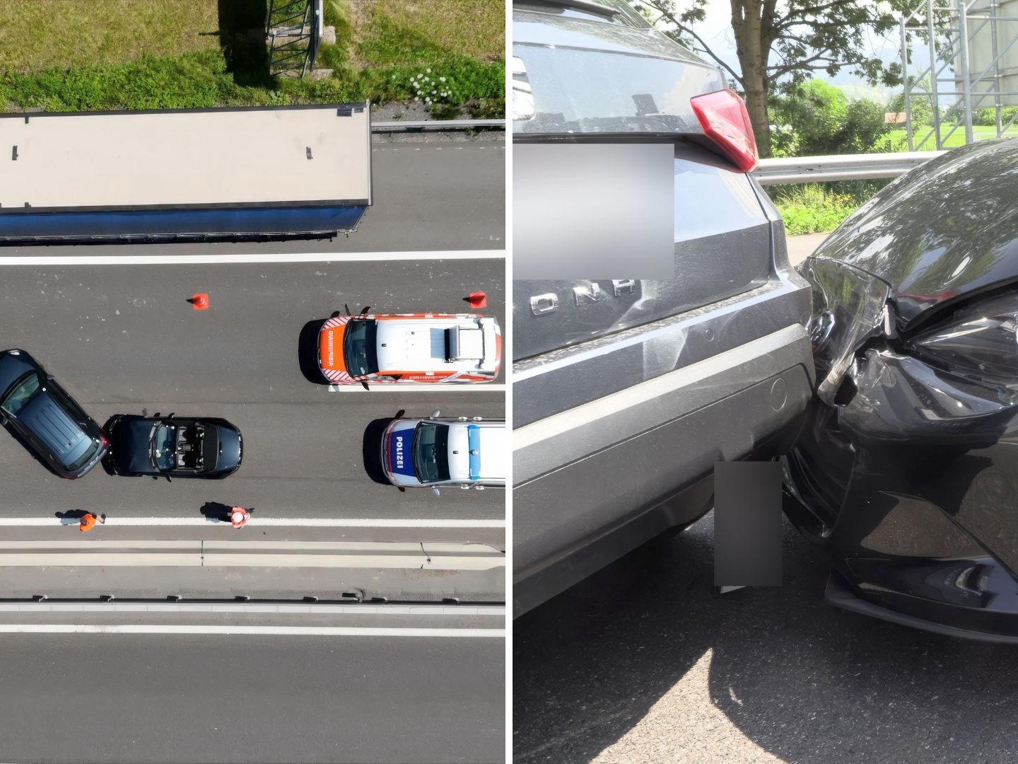 Bei einem Unfall auf der A14 bei Dornbirn kollidieren vier Fahrzeuge, eine Person wurde leicht verletzt. Bei einem Unfall auf der A14 bei Dornbirn kollidieren vier Fahrzeuge, eine Person wurde leicht verletzt.