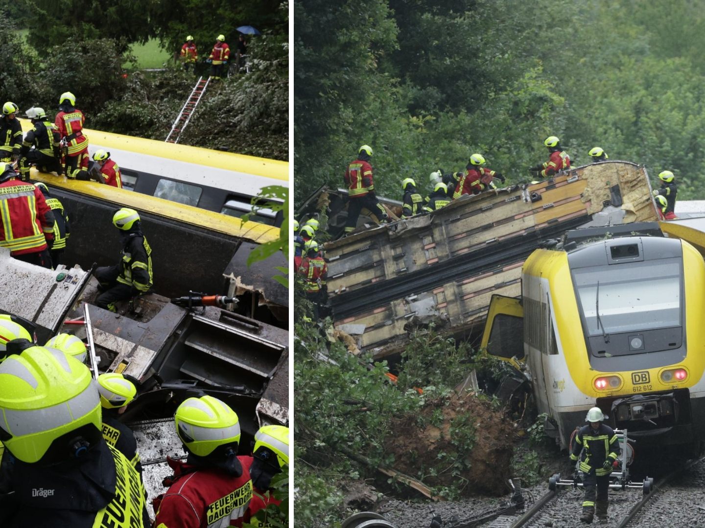 Rettungskräfte arbeiten unter erschwerten Bedingungen am Unfallort, um sich Zugang zu den entgleisten Waggons zu verschaffen und die Verletzten zu retten.