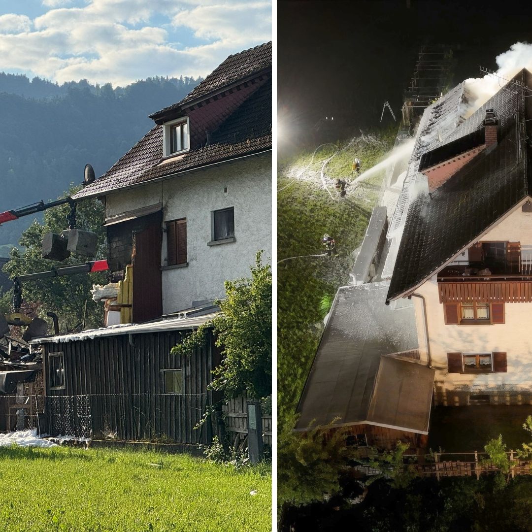 Nach dem Großbrand in Lochau liefen in den frühen Morgenstunden neben den Löscharbeiter der letzten Glutnester auch die ersten Abrissarbeiten.