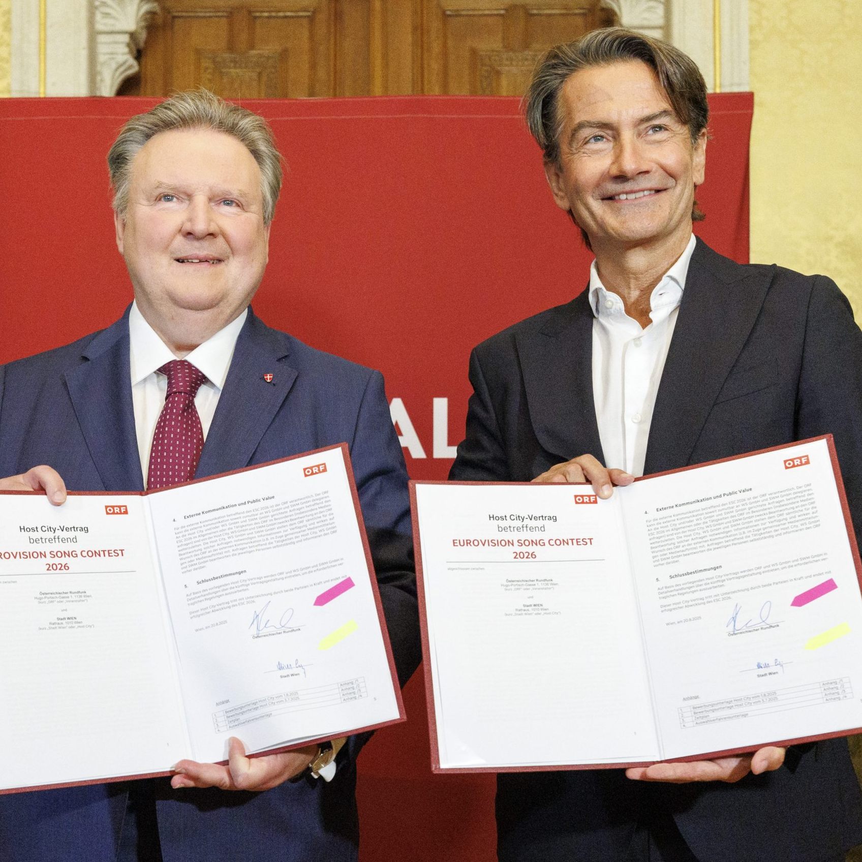 Wiens Bürgermeister Ludwig und ORF-Chef Weißmann unterzeichneten den "Host City Vertrag".