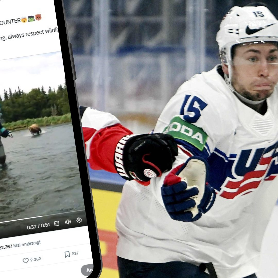 Bären-Begegnung bei Werbedreh mit NHL-Star John Hayden (r. im US-Nationaldress) und Kraken-Maskottchen Buoy in Alaska