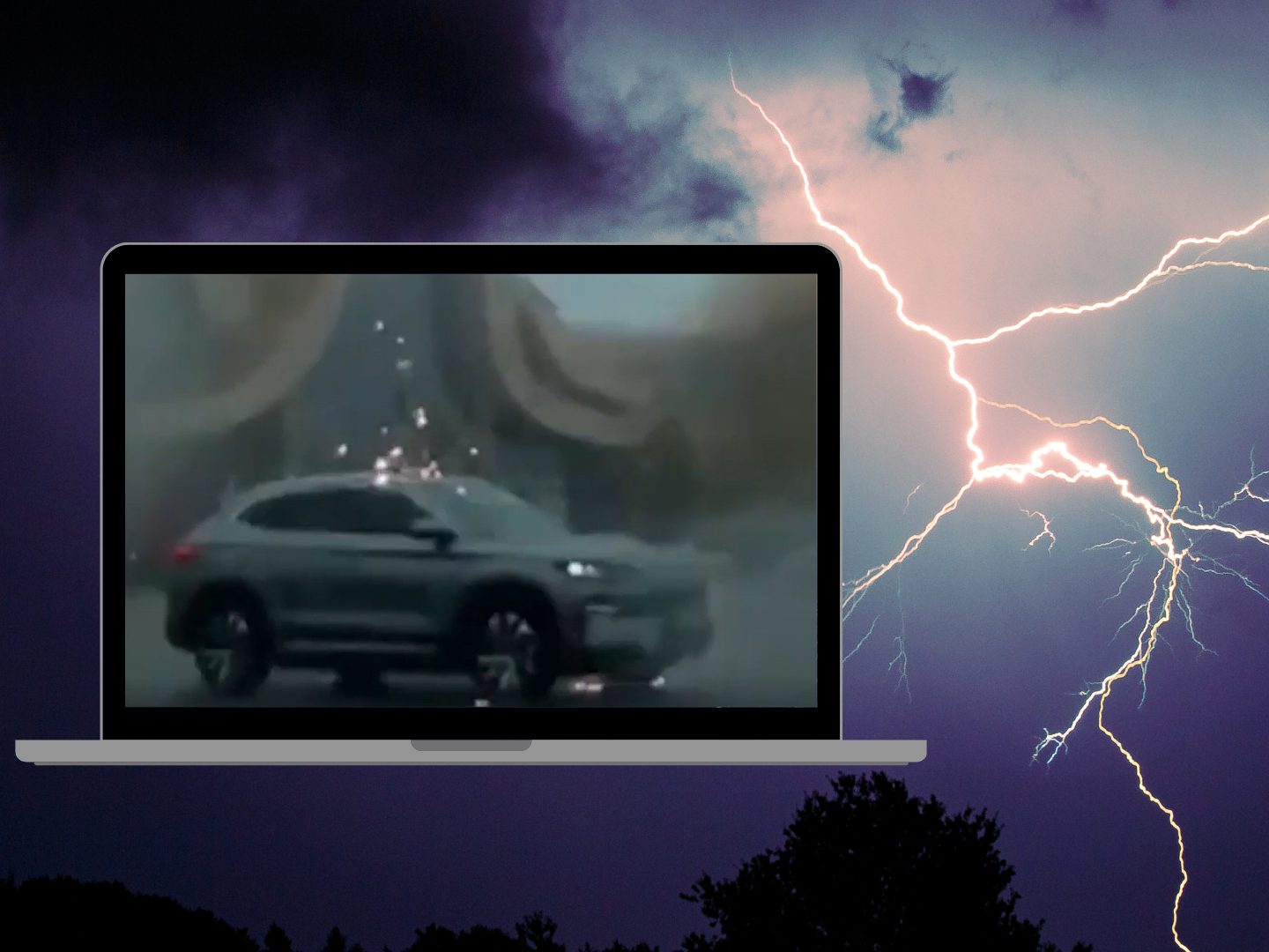 In Beihai (China) schlug ein Blitz in ein fahrendes Elektroauto ein.