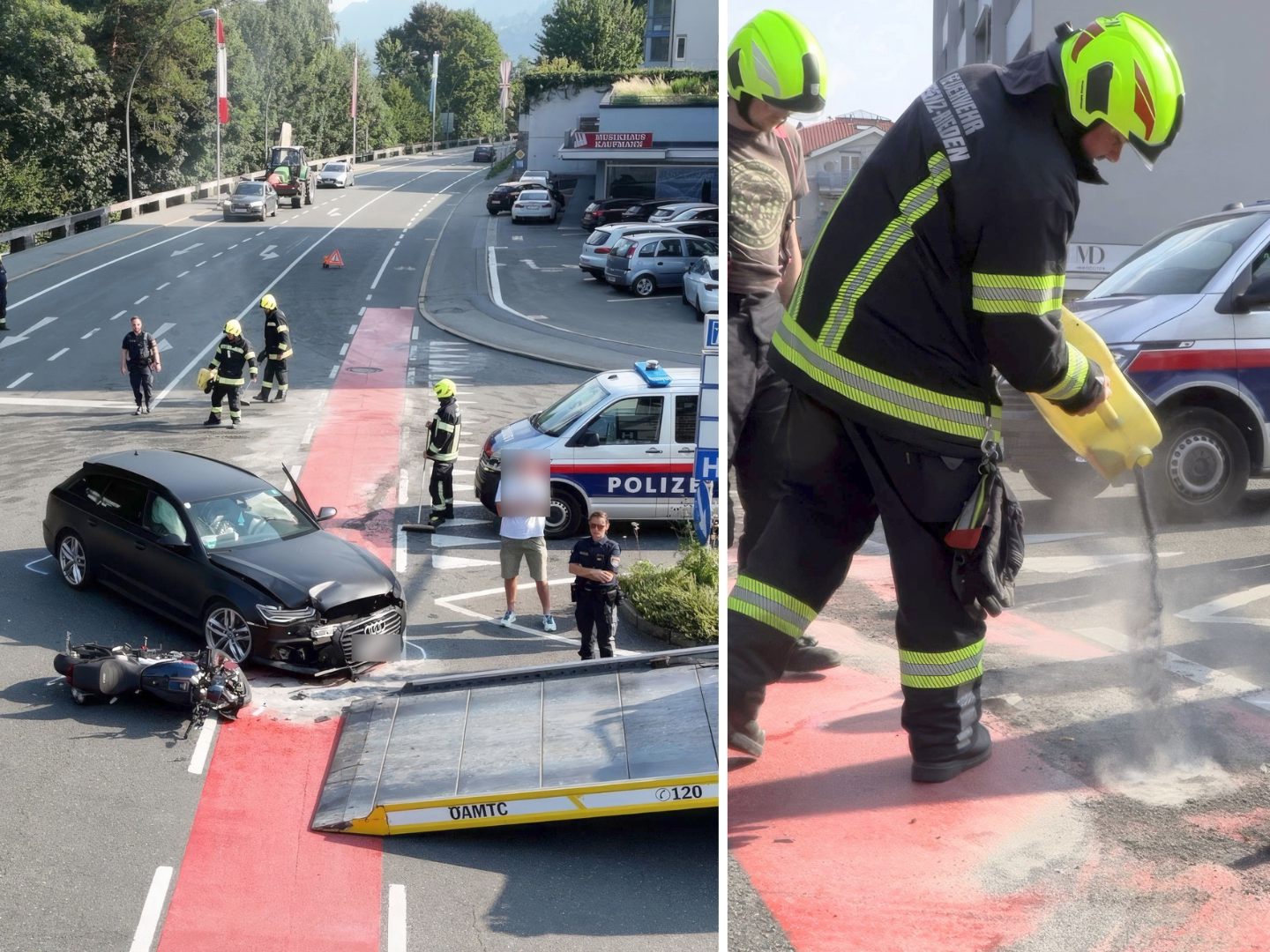 Die Feuerwehr streute Ölbindemittel, um ausgelaufene Betriebsstoffe aufzunehmen. Die Feuerwehr streute Ölbindemittel, um ausgelaufene Betriebsstoffe aufzunehmen.