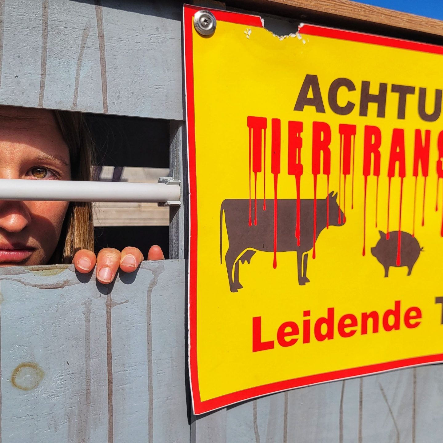 Isabella Eckl verbringt 29 Stunden in einem Tiertransporter vor dem Parlament.