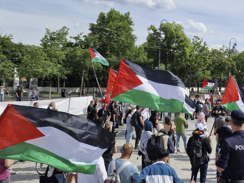 Bei der Demo wird zur Solidarität mit Palästina aufgerufen. Bei der Demo wird zur Solidarität mit Palästina aufgerufen.