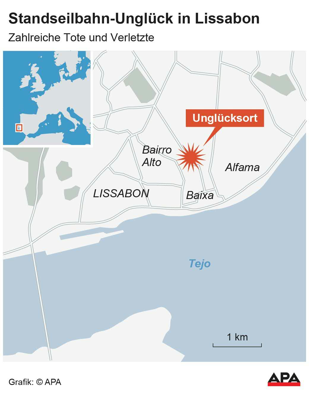 Karte Lissabon, Unglcksort; Die Auslieferung der APA-Grafiken als Embed-Code ist ausschlie§lich Kunden mit einer gltigen Vereinbarung fr Grafik-Pauschalierung vorbehalten. Dabei inkludiert sind automatisierte Schrift- und Farbanpassungen an die jeweilige CI. Fr weitere Informationen wenden Sie sich bitte an unser Grafik-Team unter grafik@apa.at. GRAFIK 1128-25, 88 x 112 mm