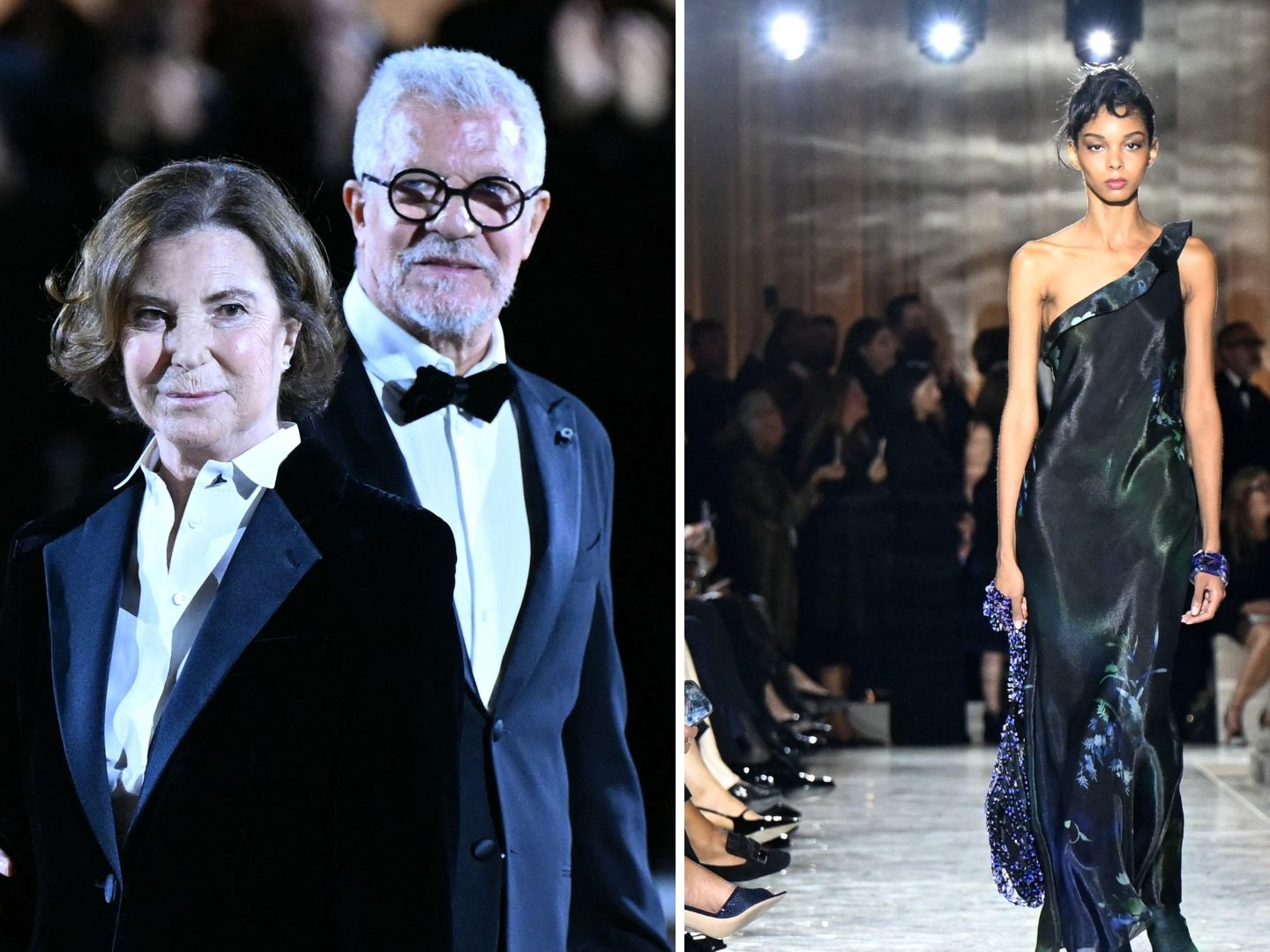 Roberta Armani und Leo Dell'Orco verabschieden sich nach der Giorgio-Armani-Schau bei der Mailänder Fashion Week.