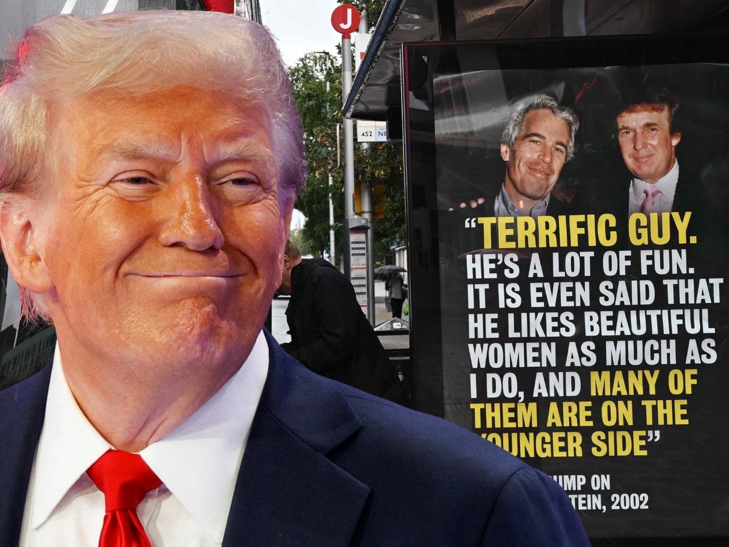 Eine Bushaltestelle in London mit einem Plakat, das ein Trump-Zitat über Jeffrey Epstein aus dem Jahr 2002 zeigt. Eine Bushaltestelle in London mit einem Plakat, das ein Trump-Zitat über Jeffrey Epstein aus dem Jahr 2002 zeigt.