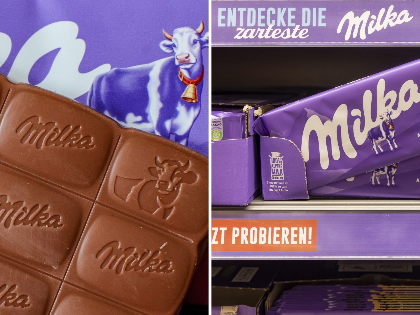 Die Milka-Tafel enthält nur noch 90 Gramm – der Hinweis auf die reduzierte Füllmenge ist laut Verbraucherschützern zwar vorhanden, jedoch nur klein auf der Verpackung aufgedruckt und wird im Supermarktregal häufig von Kartonlaschen verdeckt.