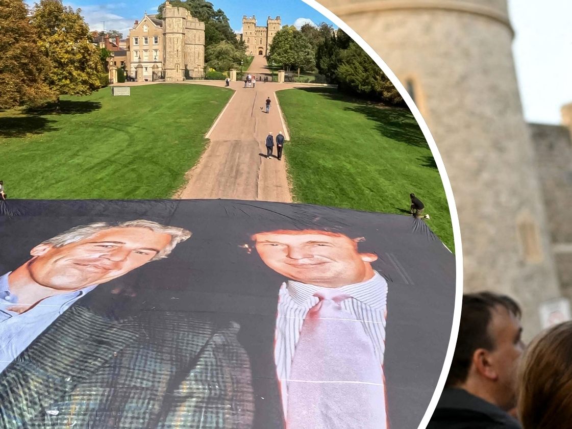 Proteste gegen Trump-Besuch in England - Aktivisten legten bereits am Dienstag riesige Bilder von Trump und Epstein (l.) vor Schloss Windsor aus. Proteste gegen Trump-Besuch in England - Aktivisten legten bereits am Dienstag riesige Bilder von Trump und Epstein (l.) vor Schloss Windsor aus.
