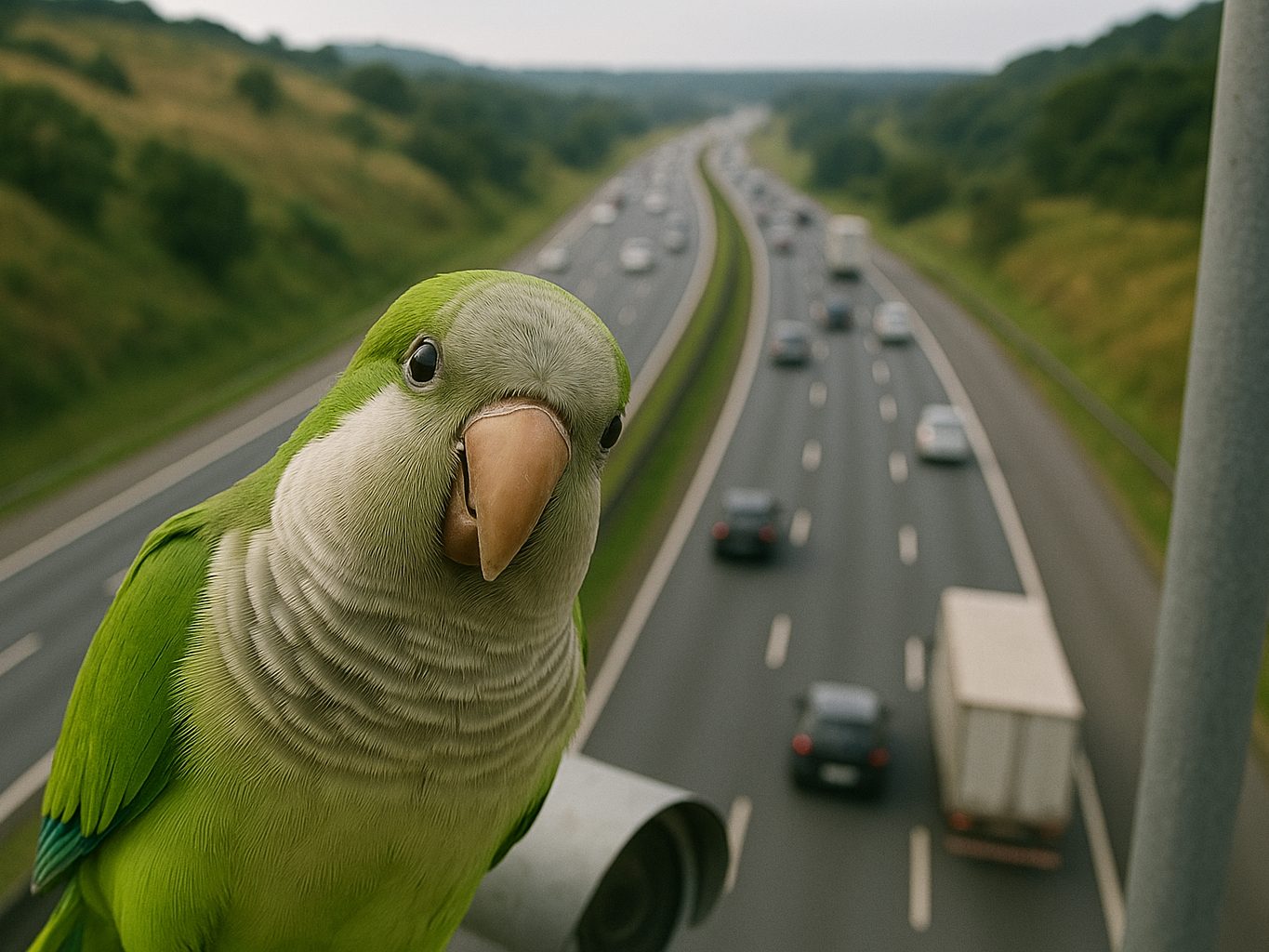 Linse-im-Visier-Frecher-Sittich-kapert-Verkehrskamera