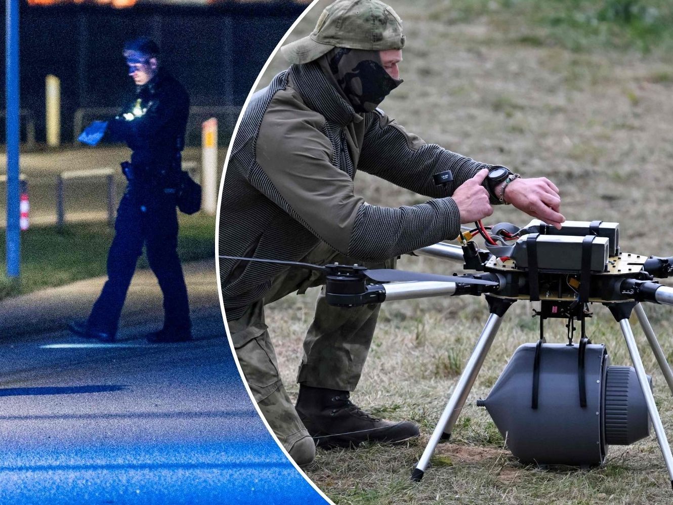 Links: Einsatz nach Drohnenalarm in Dänemark. Rechts: Ein belarussischer Soldat arbeitet an einer Drohne beim Manöver „Zapad-2025“ in Belarus. (Symbolbild)