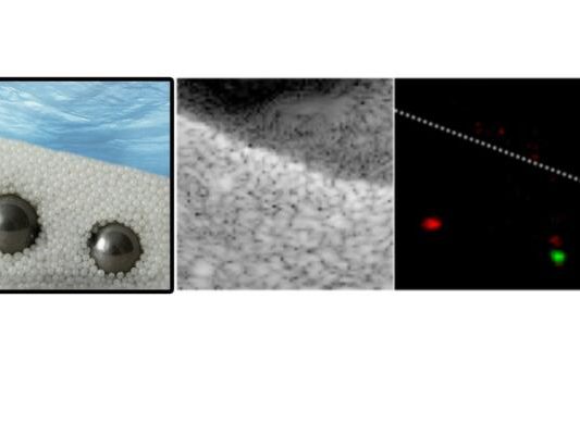 Die Metallkugeln (l.) können auch unter dem Sand nachgewiesen werden (r.)
