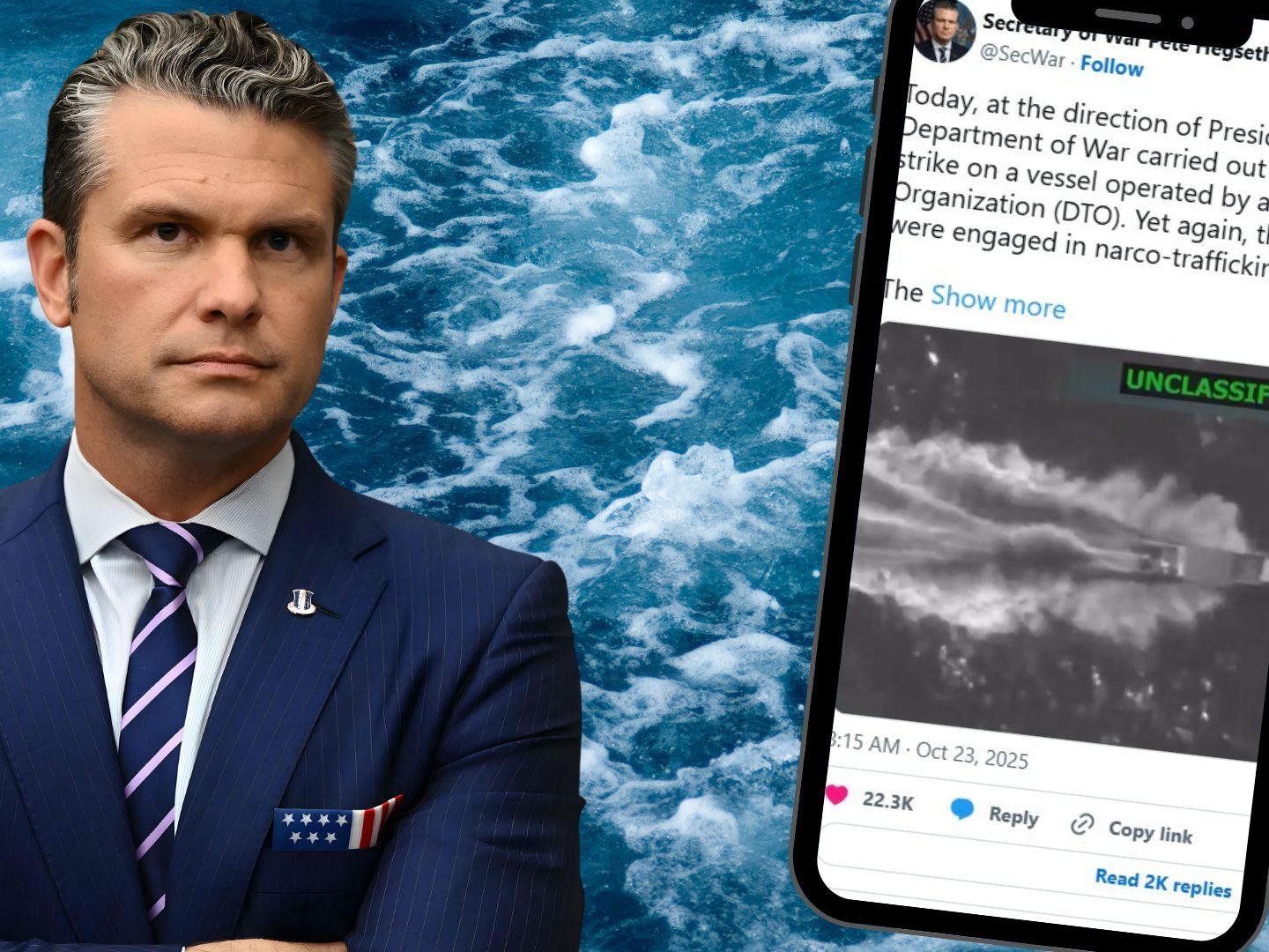US-Kriegsminister Hegseth postet den tödlichen Angriff auf ein Boot. US-Kriegsminister Hegseth postet den tödlichen Angriff auf ein Boot.