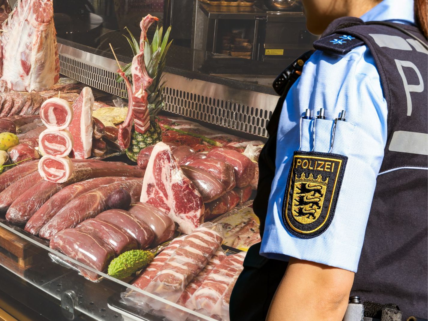 Betrunkener-f-llt-in-Metzgerei-und-isst-erst-mal-Wurst