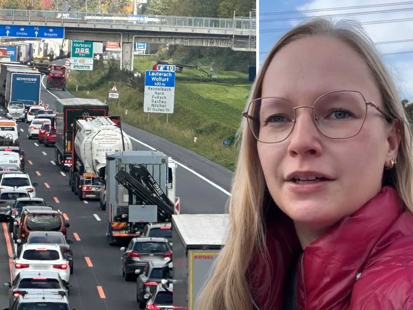 Kilometerlanger Stau auf der A14 Richtung Deutschland - VOL.AT-Reporterin Mirjam hat sich ein Bild der Lage gemacht.