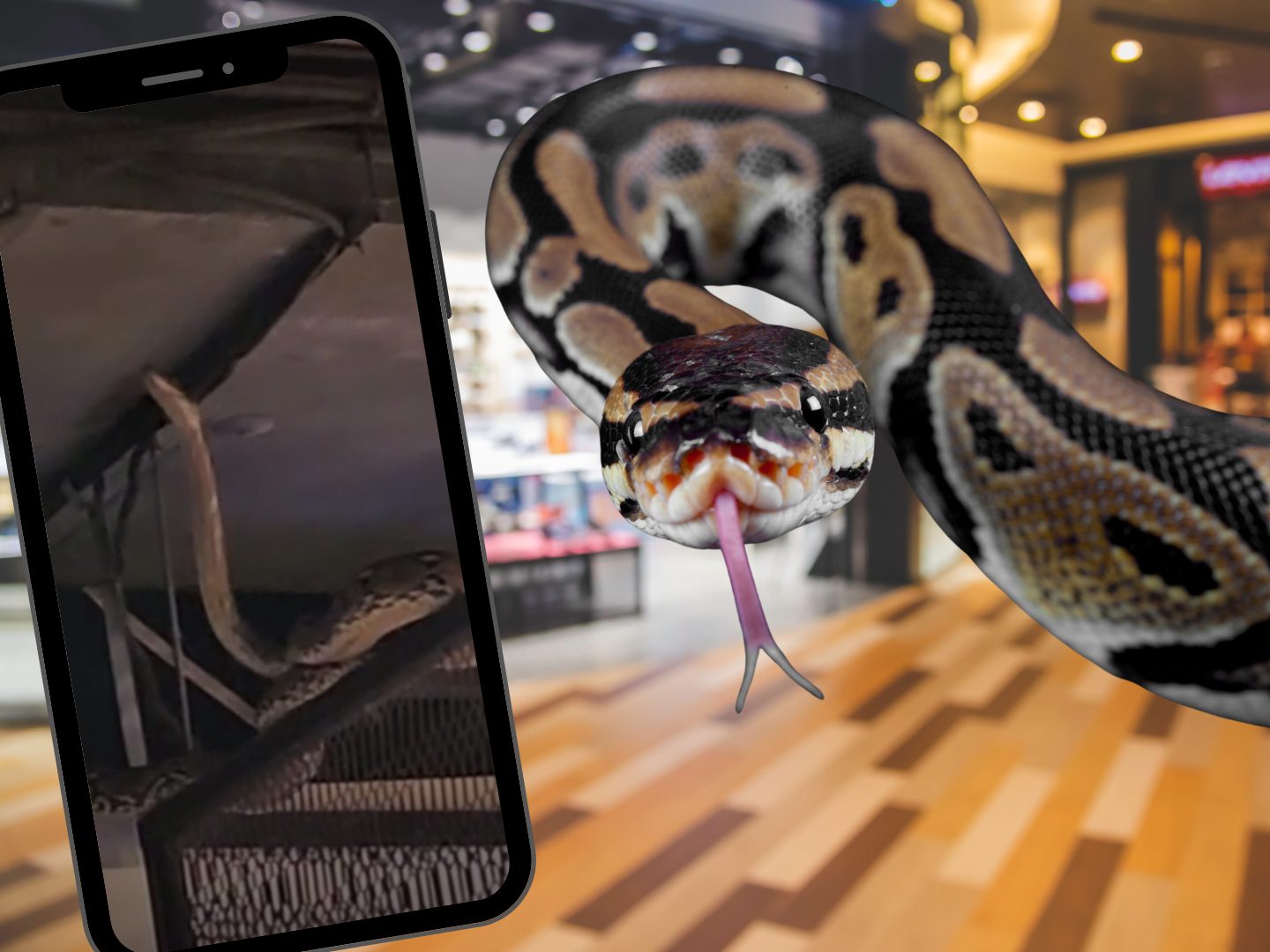 Drei Meter lange Python im Deckenraster von thailändischem Einkaufszentrum