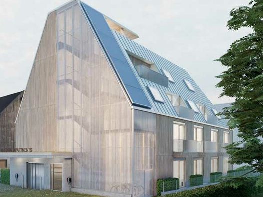 Visualisierung des Gebäudes der "Rheintal Apartments", das im Frühjahr 2027 fertiggestellt sein soll.