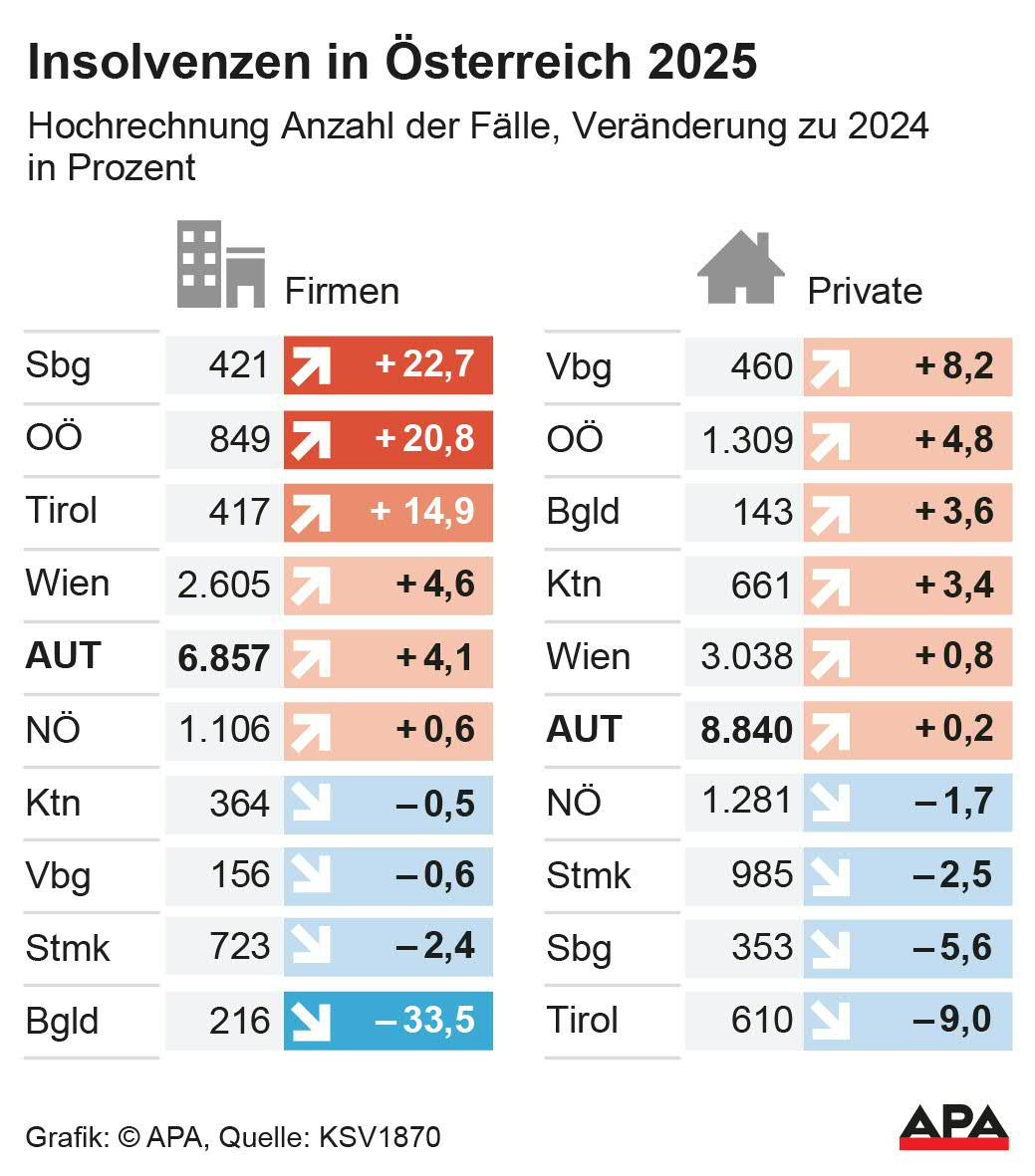 Firmeninsolvenzen und Privatinsolvenzen, Hochrechnung, Bundeslnder, Quelle: KSV; Die Auslieferung der APA-Grafiken als Embed-Code ist ausschlie§lich Kunden mit einer gltigen Vereinbarung fr Grafik-Pauschalierung vorbehalten. Dabei inkludiert sind automatisierte Schrift- und Farbanpassungen an die jeweilige CI. Fr weitere Informationen wenden Sie sich bitte an unser Grafik-Team unter grafik@apa.at. GRAFIK 1532-25, 88 x 100 mm