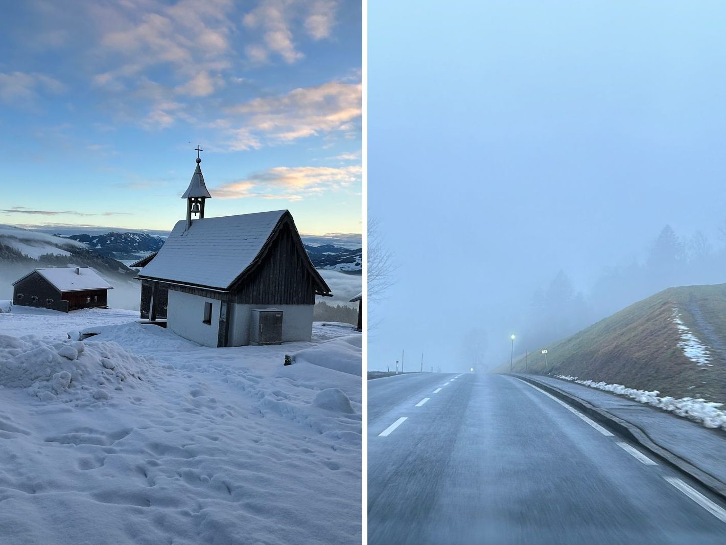 Schnee am Bödele und Nebel und grün-weiße Wiesen in den Tälern.