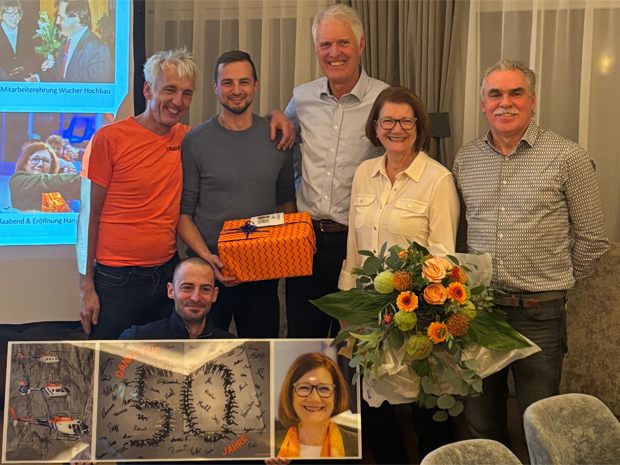 Wucher Helicopter ehrte verdiente Mitarbeiter (vlnr): Günter Scheier, Daniel Wurnitsch, Andreas Schweiger, Gerhard Huber, Monika Huber, Thomas Türtscher.