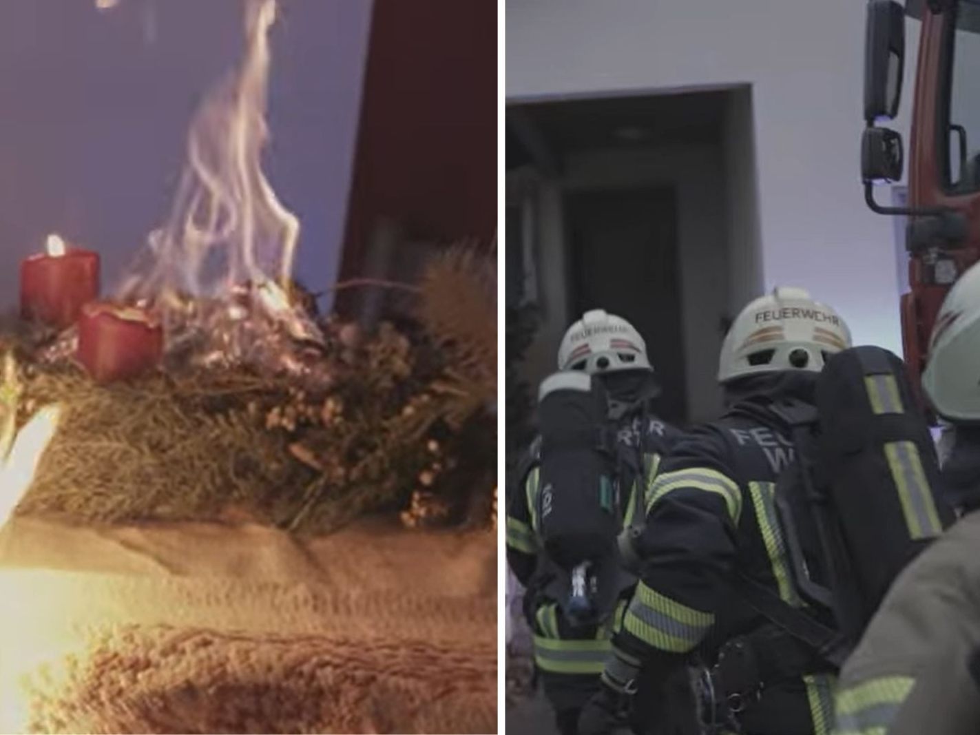 Ein brennender Adventskranz zeigt eindrucksvoll, wie rasch aus festlicher Stimmung eine ernste Gefahr werden kann.